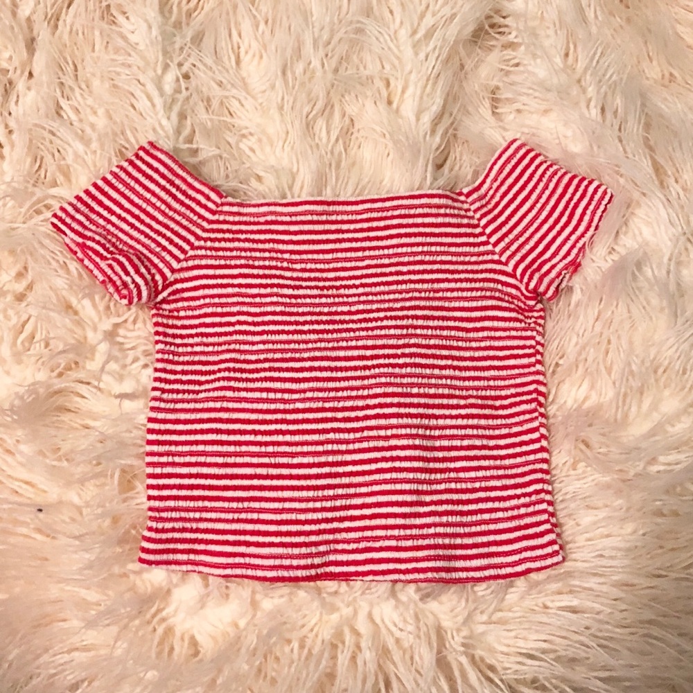 Red and White Seersucker Off the Shoulder Croptop